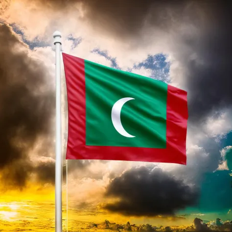 the Maldives  flag,MaldivesFlag,Hyperrealistic,Hyperdetailed,realistic,masterpiece,best quality,ultra realistic,High Detail,<lora:AsiaFlags01-000002:1>,Cinematic Lighting,in winter,rain,rainy days,cloudy,city,cityscape,street,