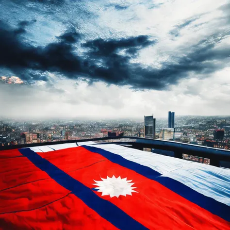 the Nepal  flag,NepalFlag,Hyperrealistic,Hyperdetailed,realistic,masterpiece,best quality,ultra realistic,High Detail,<lora:AsiaFlags01-000002:1>,Cinematic Lighting,in winter,rain,rainy days,cloudy,city,cityscape,street,