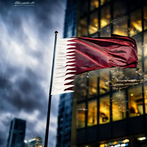 the Qatar  flag,QatarFlag,Hyperrealistic,Hyperdetailed,realistic,masterpiece,best quality,ultra realistic,High Detail,<lora:AsiaFlags01-000002:1>,Cinematic Lighting,in winter,rain,rainy days,cloudy,city,cityscape,street,
