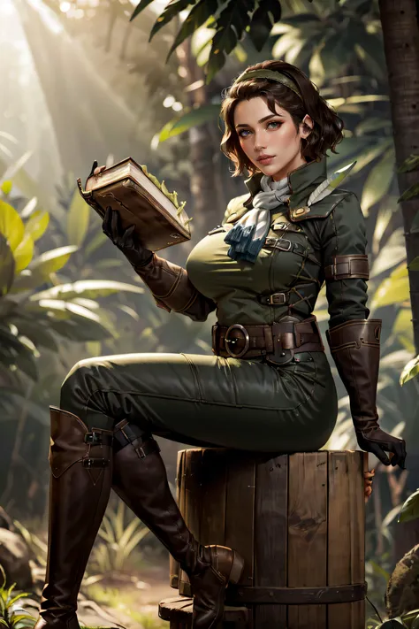 (masterpiece, best quality, ultra detailed, absurdres)1.5, 1girl, (sexy, beautiful woman, perfect face, perfect eyes, perfect female body, huge breasts)1.5, (serious handler, hairband, green uniform, black gloves, black pants, belt, scarf, knee boots, short hair, brown hair, holding a quest book, <lora:mhw_serioushandler:0.9>), (sitting on a wooden stool, outdoors, campsite, tropical jungle), perfect lighting, smooth, hdr