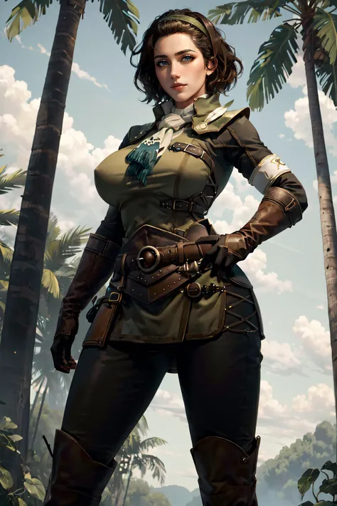 (masterpiece, best quality, ultra detailed, absurdres)1.5, 1girl, (sexy, beautiful woman, perfect face, perfect eyes, perfect female body, huge breasts)1.5, (serious handler, hairband, green uniform, black gloves, black pants, belt, scarf, knee boots, short hair, brown hair, <lora:mhw_serioushandler:0.9>), (standing, outdoors, tropical jungle), perfect lighting, smooth, hdr