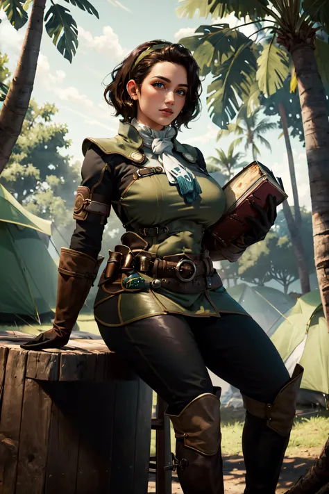 (masterpiece, best quality, ultra detailed, absurdres)1.5, 1girl, (sexy, beautiful woman, perfect face, perfect eyes, perfect female body, huge breasts)1.5, (serious handler, hairband, green uniform, black gloves, black pants, belt, scarf, knee boots, short hair, brown hair, holding a quest book, <lora:mhw_serioushandler:0.9>), (sitting on a wooden stool, outdoors, campsite, tropical jungle), perfect lighting, smooth, hdr