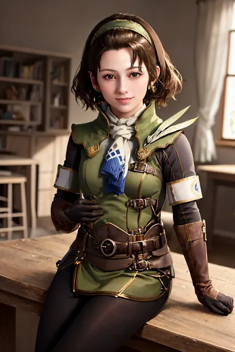 (masterpiece, best quality:1.2), solo, 1girl, serioushandler, smile, looking at viewer, sitting, chair, hairband, green uniform, black gloves, black pants, belt, scarf <lora:mhw_serioushandler:1.0>