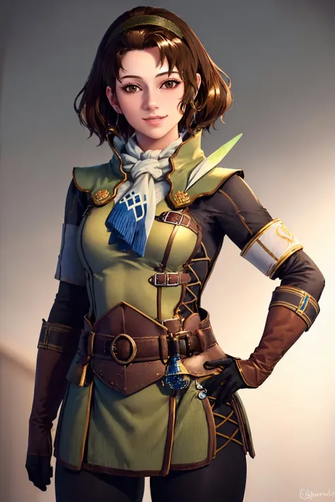 (masterpiece, best quality:1.2), solo, 1girl, serioushandler, smile, looking at viewer, hand on hip, hairband, green uniform, black gloves, black pants, belt, scarf <lora:mhw_serioushandler:1.0>