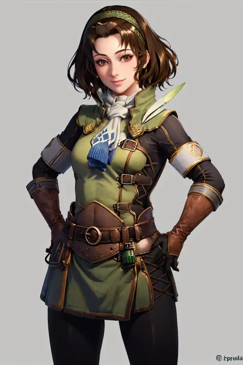 (masterpiece, best quality:1.2), solo, 1girl, serioushandler, smile, looking at viewer, hand on hip, hairband, green uniform, black gloves, black pants, belt, scarf <lora:mhw_serioushandler:1.0>