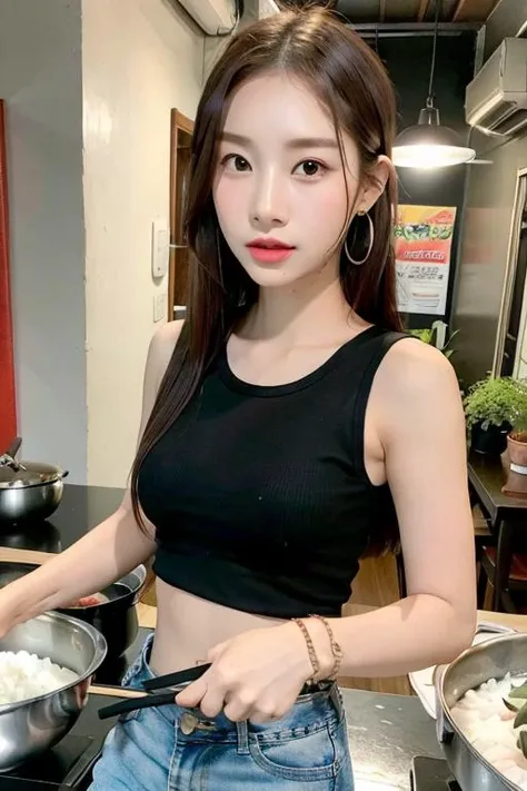 <lora:AsianNightMarketMix1:0.8>
1girl, solo, breasts, brown hair, black hair, holding, jewelry, small breasts, t shirt, standing, earrings, food, shorts, indoors, traditional media, table, tank top, plant, denim, motor vehicle, plate, bowl, chopsticks, realistic, cooking, kitchen, stove, (sfw:1.5)
