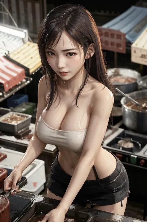 <lora:AsianNightMarketMix1:0.7> , 1girl, solo, cleavage, bare shoulders, huge breasts, strapless, photo background, cooking, wet, hot, wet market, night market, from above, <lora:tifaMeenow_tifaV1:0.5>
