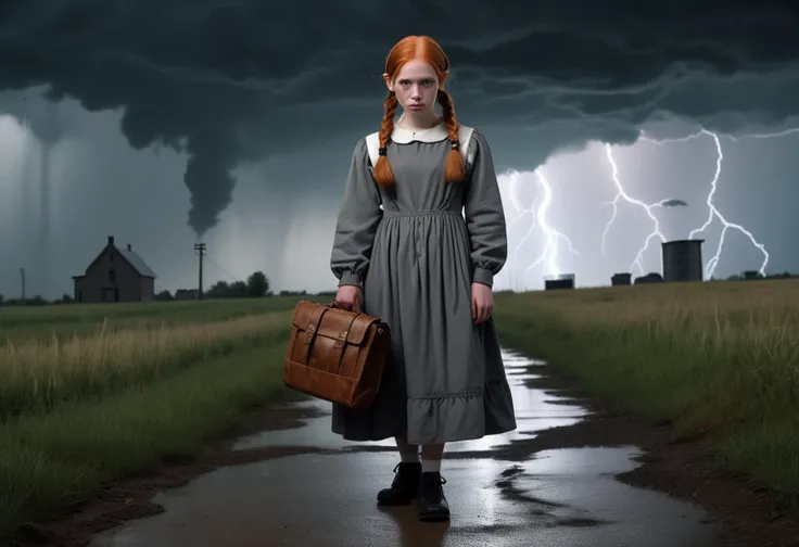 (medium full shot ) of a young woman, petite build, medium ginger pigtails hair Amish person wearing a grey long-sleeved dress , leather shoes, carrying a handmade bag black bonnet, following mysterious lights, detailed face, , located in a horrifying scene at a desolate laboratory during witching hour with thunderstorm weather, illuminated by eerie glow, creating a eerie dreadful atmosphere, detailed face, ,Masterpiece,best quality, photo, realistic, very aesthetic