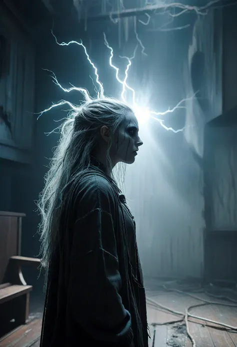 (medium full shot) of (medium full shot , back view) of vengeful spirit witnessing a ghost, detailed face, located in a horrifying scene at a abandoned theater during foggy morning with windy weather, illuminated by lightning flashes, creating a dreadful atmosphere, ,Masterpiece,best quality, photo, realistic, very aesthetic