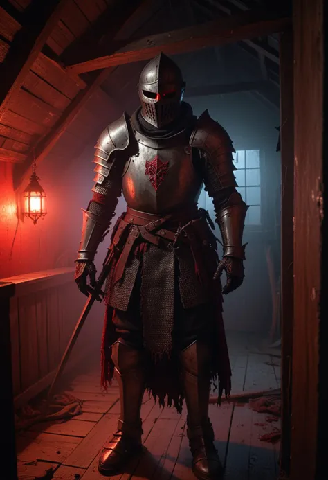(medium full shot) of (full body shot , dutch angle) of undead knight hiding, detailed face, located in a horrifying scene at a creepy attic during dusk with foggy weather, illuminated by ominous red light, creating a dreadful atmosphere, ,Masterpiece,best quality, photo, realistic, very aesthetic