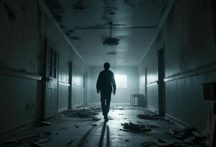 (full body shot ) of lone survivor fleeing from shadows, detailed face, located in a horrifying scene at a abandoned school during foggy night with eerie calm weather, illuminated by shadowy corners, creating a unsettling haunting atmosphere, detailed face, ,Masterpiece,best quality, photo, realistic, very aesthetic