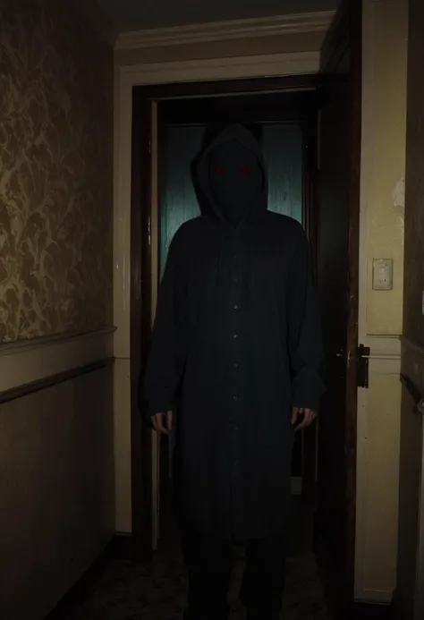 (medium full shot) of (full body shot ) of shadowy silhouette hiding, detailed face, located in a horrifying scene at a haunted old hotel during twilight with overcast weather, illuminated by eerie glow, creating a horrifying atmosphere, ,Masterpiece,best quality, photo, realistic, very aesthetic