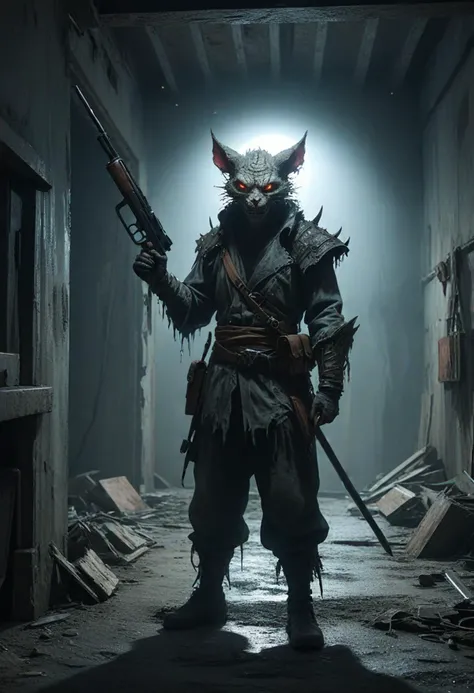 (full body shot ) of possessed animal holding a weapon, detailed face, located in a horrifying scene at a haunted basement during night with misty weather, illuminated by moonlight casting shadows, creating a chilling suspenseful atmosphere, detailed face, ,Masterpiece,best quality, photo, realistic, very aesthetic