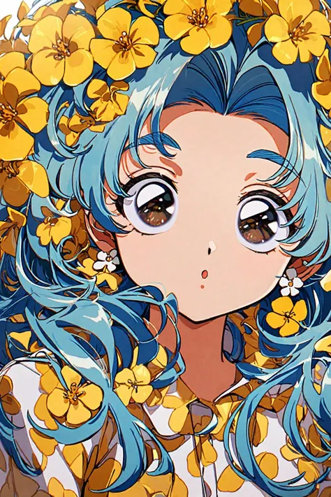 hrn_yc Style,hrn_yc Style,1girl,solo,blue hair,flower,brown eyes,looking at viewer,earrings,jewelry,long hair,bangs,yellow flower,portrait,flower earrings,:o,shirt,<lora:mix_XL:0.8>,