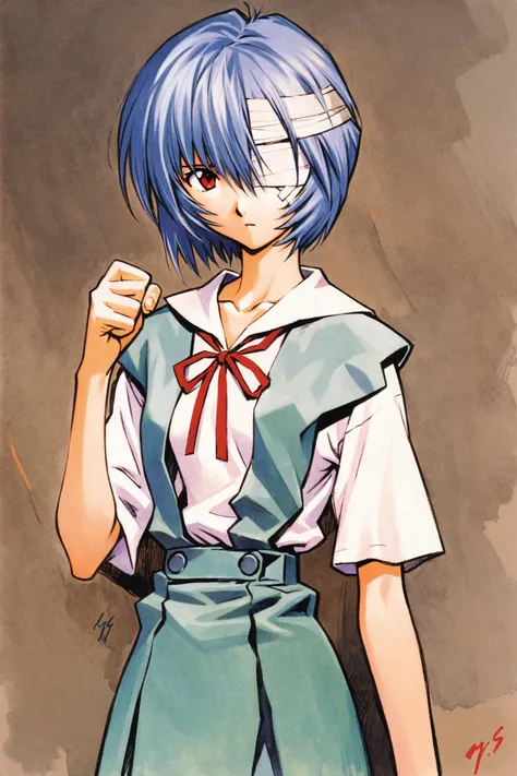 Sadamoto Yoshiyuki Style,1girl,ayanami rei,short hair,blue hair,bandages,school uniform,solo,bandage over one eye,red eyes,ribbon,looking at viewer,tokyo-3 middle school uniform,shirt,short sleeves,closed mouth,neck ribbon,clenched hand,white shirt,cowboy shot,hand up,skirt,red ribbon,bandaged head,suspender skirt,expressionless,bangs,collarbone,signature,standing,bow,suspenders,arm at side,traditional media,<lora:mix_XL:0.8>,