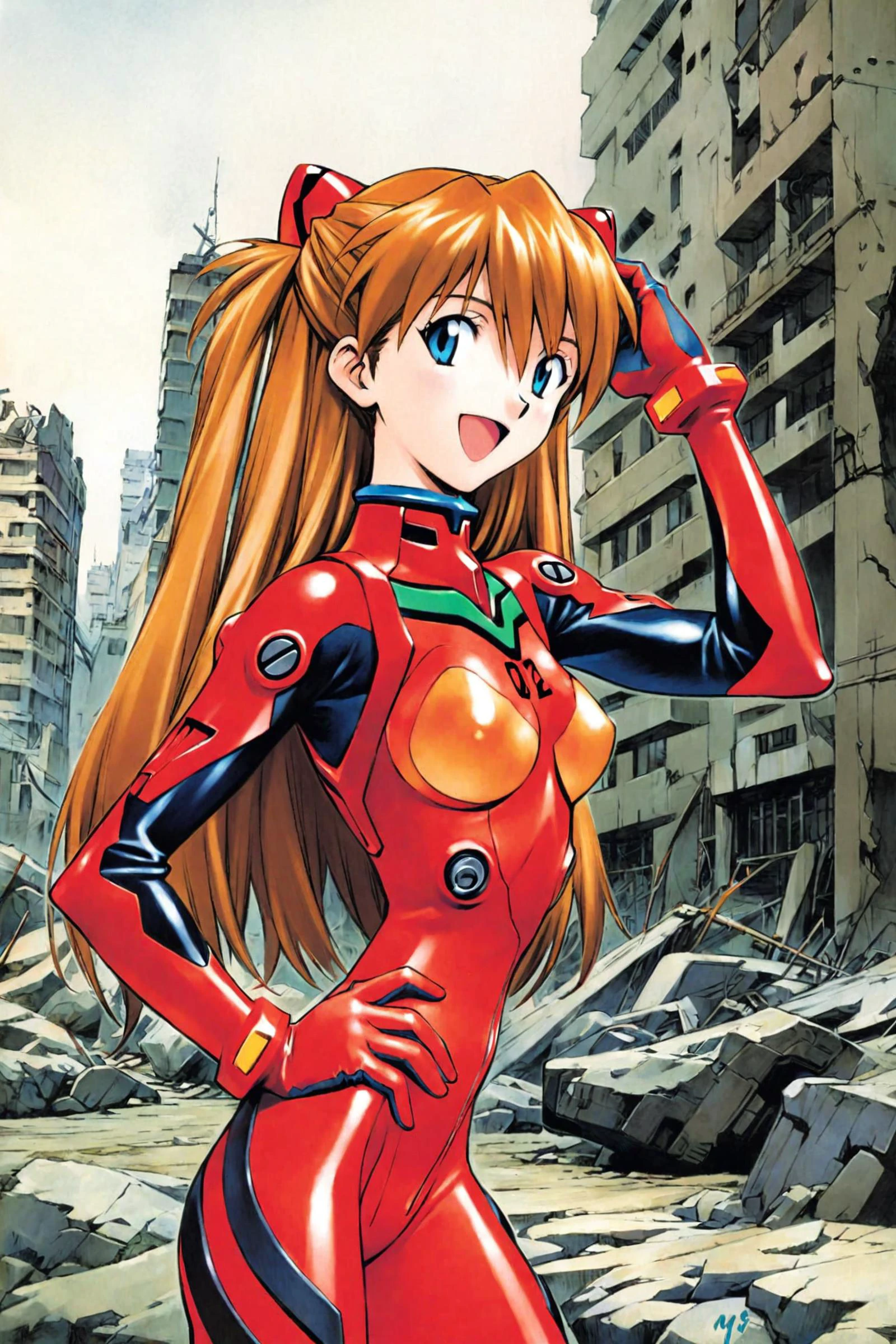 Sadamoto Yoshiyuki Style,1girl,long hair,plugsuit,bodysuit,souryuu asuka langley,pilot suit,bracer,ruins,city,blue eyes,smile,breasts,bangs,turtleneck,solo,cowboy shot,:d,hair between eyes,gloves,(red bodysuit:1.5),small breasts,looking at viewer,headgear,two side up,hand on hip,skinny,adjusting hair,narrow waist,standing,brown hair,science fiction,hand up,shiny clothes,hair ornament,happy,from side,shiny,skin tight,<lora:mix_XL:0.8>,