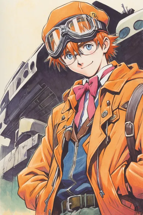 Sadamoto Yoshiyuki Style,1boy,solo,hat,goggles,glasses,male focus,bow,blue eyes,traditional media,smile,bowtie,orange hair,blush,jacket,backpack,bag,upper body,traditional media,<lora:mix_XL:0.8>,