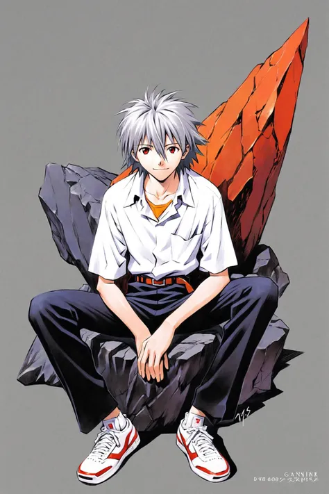 Sadamoto Yoshiyuki Style,1boy,male focus,solo,nagisa kaworu,shirt,sitting,red eyes,rock,pants,white shirt,shoes,collared shirt,black pants,hair between eyes,short sleeves,closed mouth,grey hair,white footwear,belt,sneakers,looking at viewer,collarbone,own hands together,bangs,watermark,ikari shinji,signature,artist name,smile,school uniform,grey background,light smile,<lora:mix_XL:0.8>,