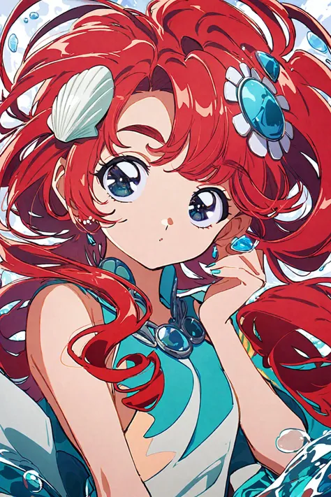 hrn_yc Style,1girl,solo,red hair,long hair,blue eyes,looking at viewer,gem,jewelry,upper body,floating hair,bangs,water,shell,hair ornament,dress,<lora:mix_XL:0.8>,