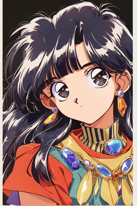 hrn_yc Style,1girl,solo,jewelry,earrings,long hair,black hair,bangs,1990s (style),black eyes,upper body,looking at viewer,retro artstyle,closed mouth,gem,<lora:mix_XL:0.8>,