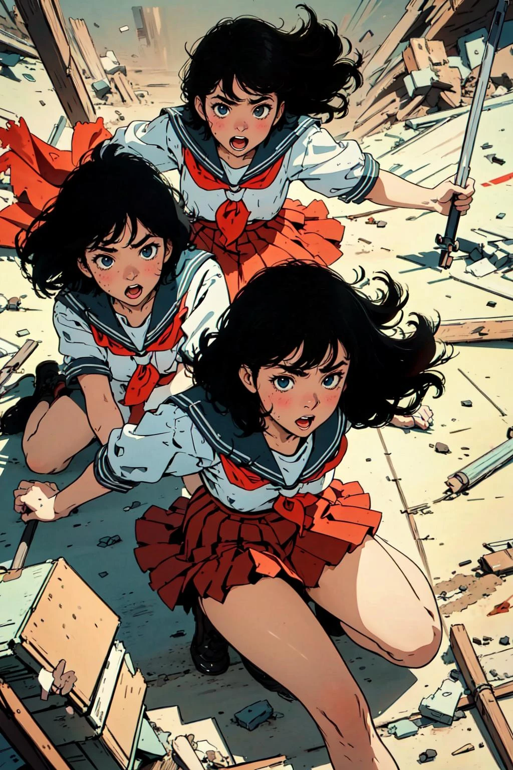 ((masterpiece)), (best quality), (absurd detail), high resolution, action, from above,
3girls, multiple girls, serafuku, <lora:sgdq:0.7>, sgdq,