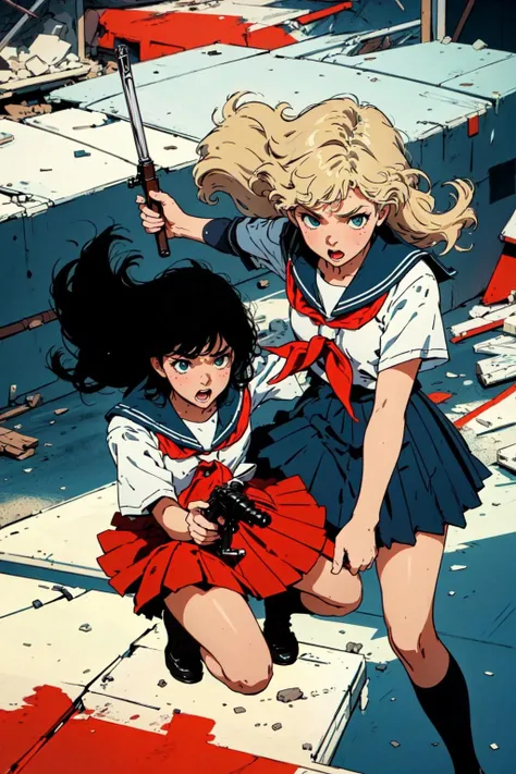 ((masterpiece)), (best quality), (absurd detail), high resolution, action, from above,
3girls, multiple girls, serafuku, <lora:sgdq:0.7>, sgdq,