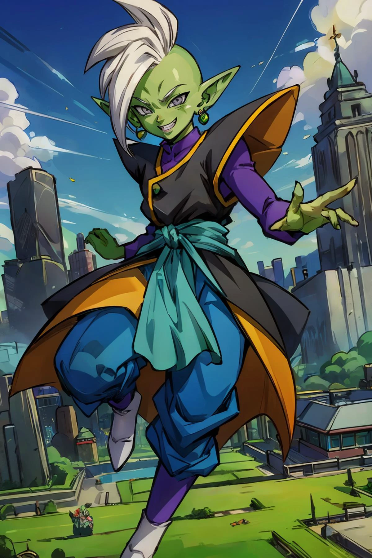 zamasu, colored skin, green skin, mohawk, white hair, grey eyes, pointy ears, single earring, green earring, looking at viewer, smiling, teeth, full bodyshot, flying, in the air, cityscape, blue sky, high quality, masterpiece, <lora:Zamasu:.6>