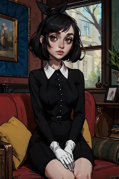 Susie, short black hair, black hair ribbon, black eyes,bags under eyes, pale skin, long black dress, white collar,black long sleeves, white gloves,looking at viewer, wavy mouth, sitting, on a large sofa, inside a messy living room, hands on knees, high quality, masterpiece <lora:Susie:.8>