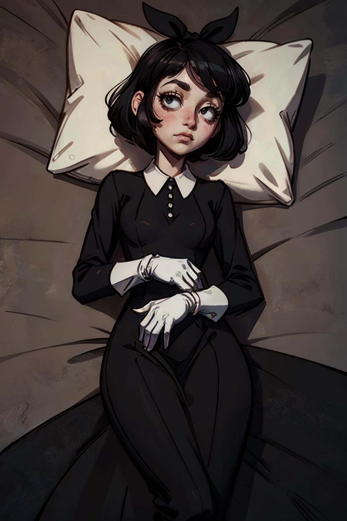 Susie, short black hair, black hair ribbon, black eyes,bags under eyes, pale skin, long black dress, white collar,black long sleeves, white gloves,looking at viewer, wavy mouth, blush,from_above, lying, on back, on large bed, soft blankets, high quality, masterpiece <lora:Susie:.8>