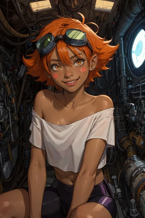 Edward,midriff,orange hair,white shirt,off shoulder,collarbone,dark skin,
bike shorts,goggles on,(goggles around eyes,),smile,blush stickers,
space station,engine room,
upper body,sitting,
(insanely detailed, beautiful detailed face, masterpiece, best quality),<lora:EDWARDCBBB-10:0.7>,