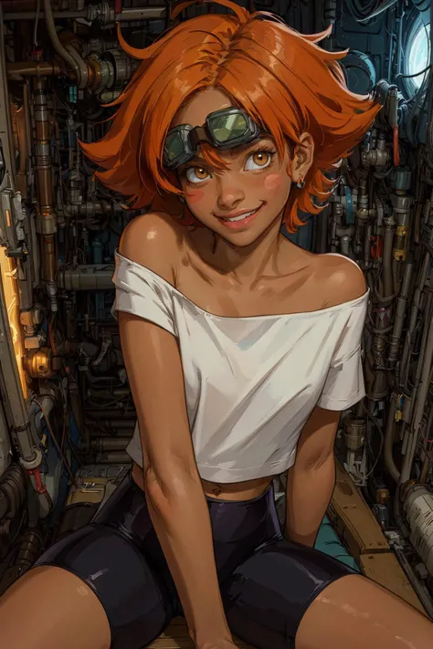 Edward,midriff,orange hair,white shirt,off shoulder,collarbone,dark skin,
bike shorts,goggles on,(goggles around eyes,),smile,blush stickers,
space station,engine room,
upper body,sitting,
(insanely detailed, beautiful detailed face, masterpiece, best quality),<lora:EDWARDCBBB-10:0.7>,