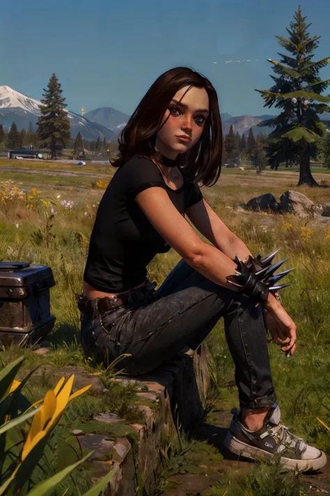Ophelia, brown hair, brown eyes,choker, spiked bracelet, black shirt, belt, black pants, shoes, looking at viewer, serious, sitting, hugging own legs, side view, outside, hill, grass, field, high quality, masterpiece, <lora:Ophelia-10:.8>