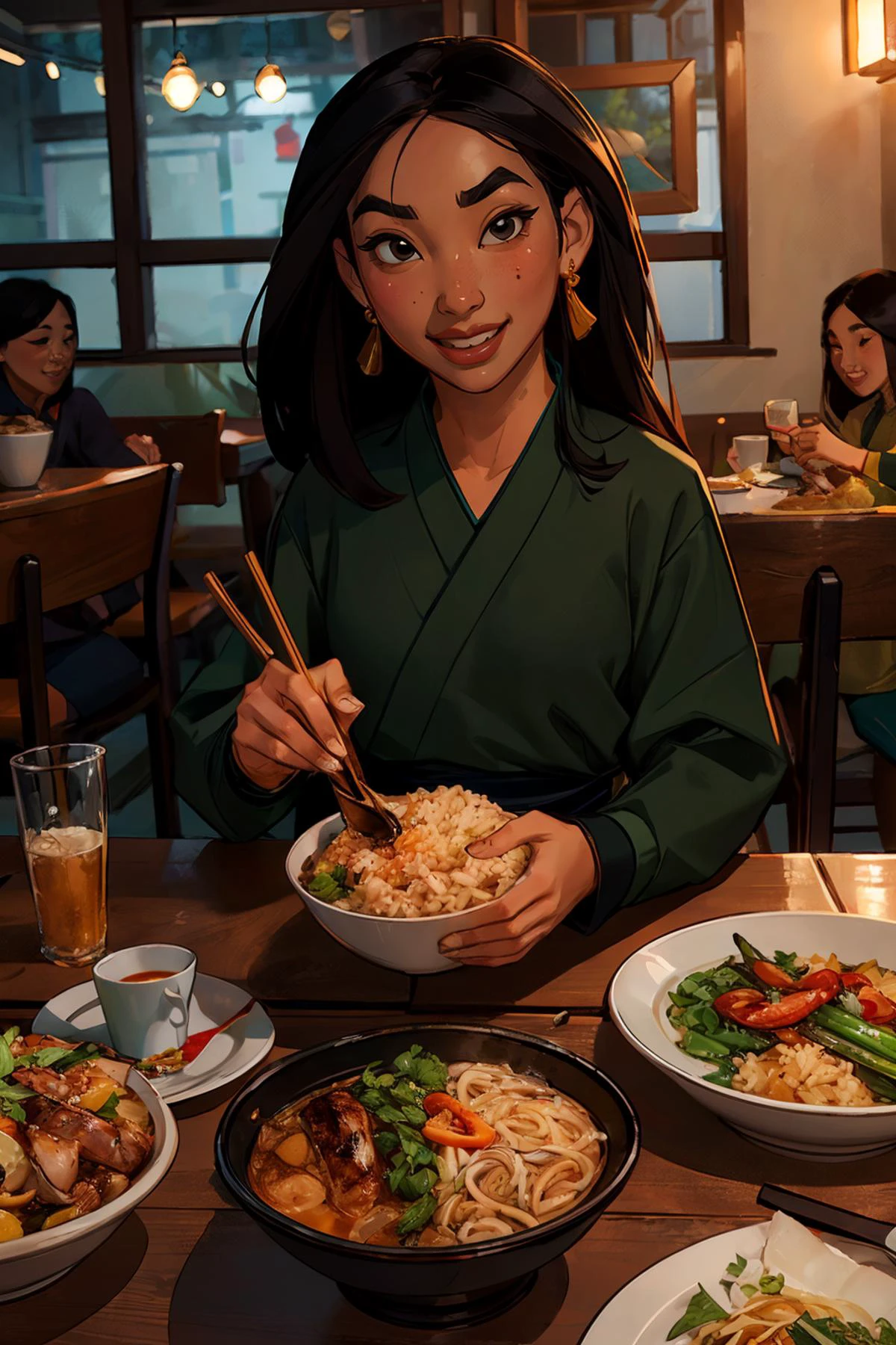 Mulan, long black hair, black eyes, long sleeves, dress, black eyes, green shirt
looking at viewer, smiling, sitting inside a cozy restaurant, table full of food, noodles, rice, grilled chicken, playful ambiance, high quality, masterpiece, <lora:Mulan:.7>