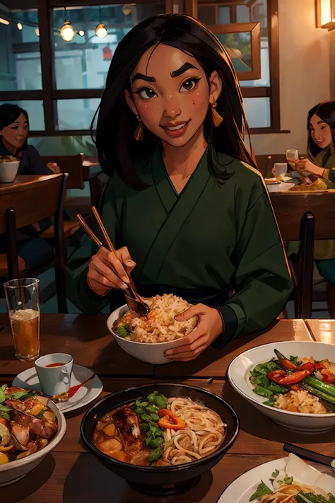 Mulan, long black hair, black eyes, long sleeves, dress, black eyes,  green shirt
looking at viewer, smiling, sitting inside a cozy restaurant, table full of food, noodles, rice, grilled chicken, playful ambiance, high quality, masterpiece,   <lora:Mulan:.7>