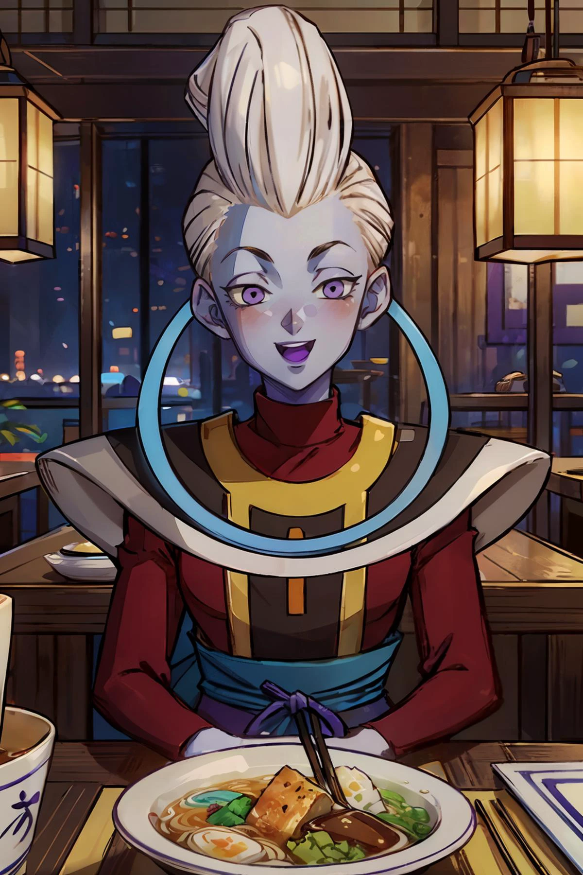 whis, white hair, blue skin, colored skin, purple eyes, purple lips, looking at viewer, smiling, happy, mouth open, blush, upper body shot,
sitting behind a table, inside a japanese restaurant, table full of food, ramen, sake, romantic ambiance, high quality, masterpiece, <lora:WhisV2:.6>