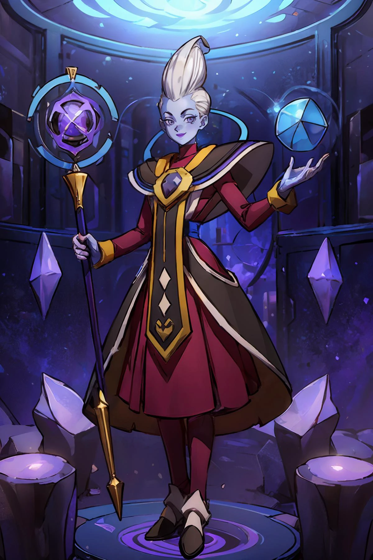 whis, white hair, blue skin, colored skin, purple eyes, purple lips, looking at viewer, serious, smiling, standing, holding a staff, inside a magical room, purple aura, floating cube (shapes), high quality, masterpiece, <lora:WhisV2:.6>