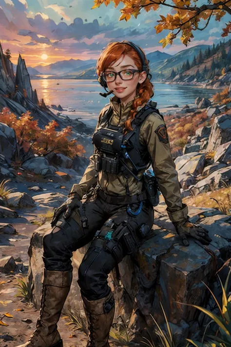 lis, woman, headset, orange hair, one braid, glasses, green eyes, wearing military clothes, jacket, gloves, bulletproof vest,holsters, black pants, boots, looking at viewer, smiling, happy, sitting, on rock, outside, park,under tree, autumn leafs, dusk, twilight sky, extreme detail, masterpiece, <lora:lis_(battlefield_2042):.6>