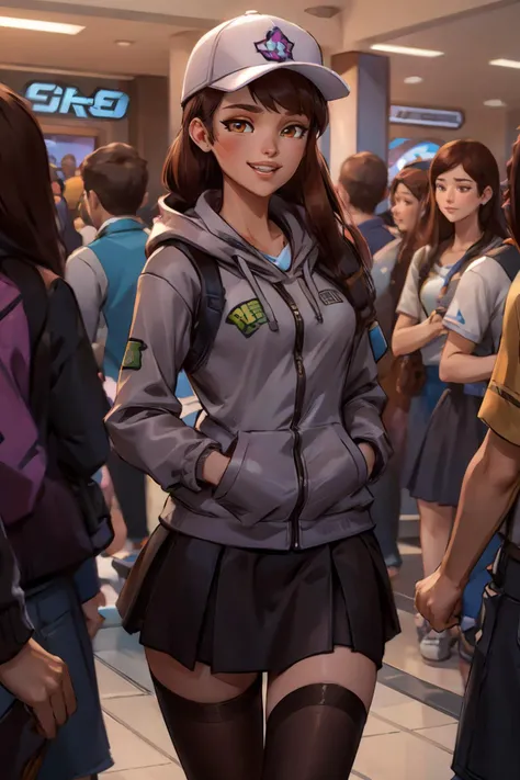 <lora:dva4-real:.7>, dva, brown hair, baseball hat, brown eyes, wearing a white hoodie, black skirt, stockings, looking at viewer, smiling, teeth, standing, inside a mall, crowd, bright lighting, high quality, masterpiece,