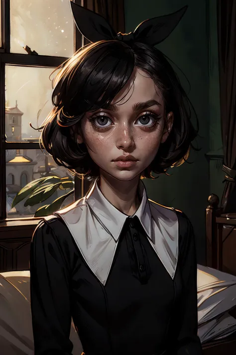 Susie, short black hair, black hair ribbon, black eyes,bags under eyes, pale skin, long black dress, white collar,black long sleeves, looking at viewer, serious, close up portrait, inside, bedroom, window, night time, high quality, masterpiece <lora:Susie:.8>