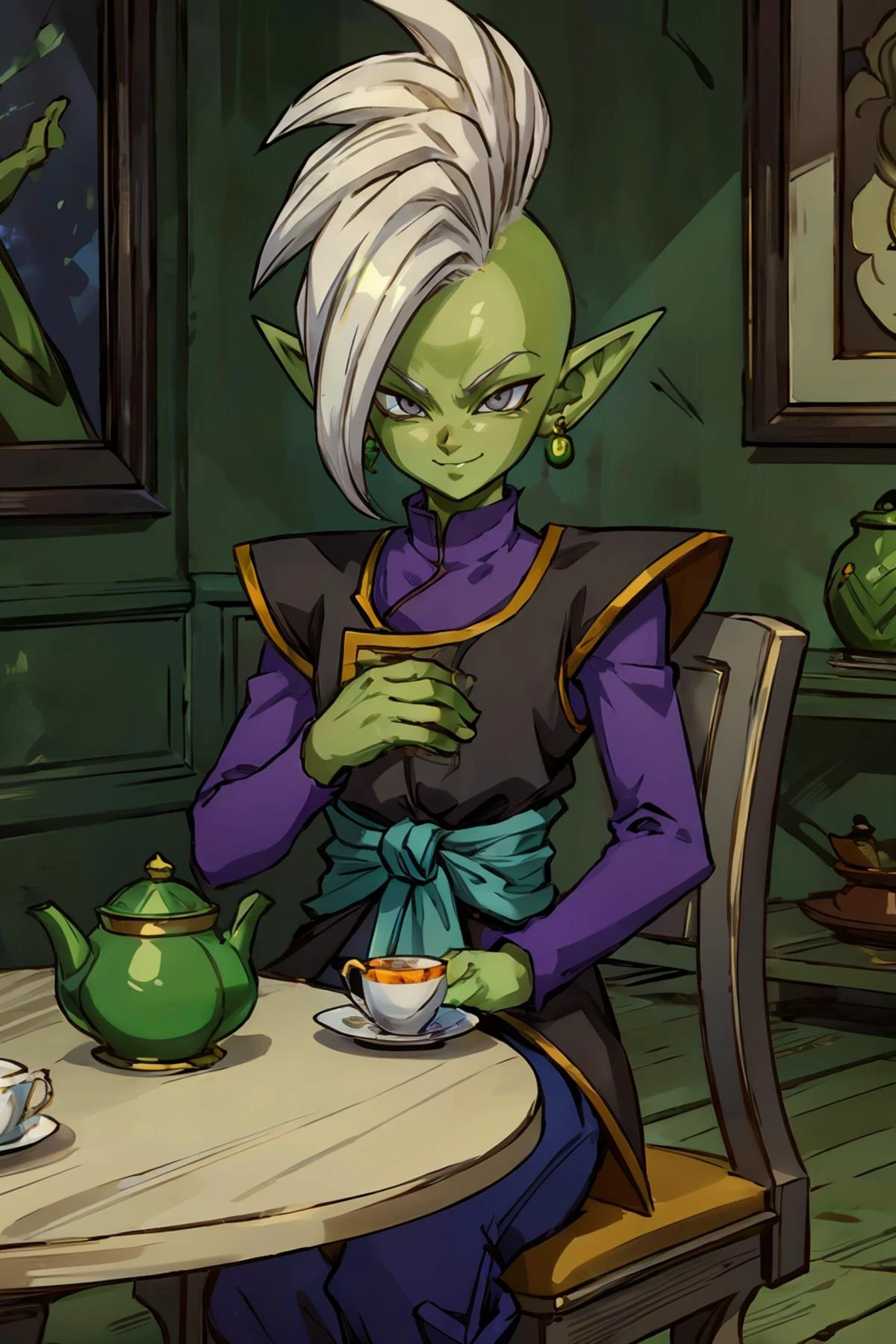 zamasu, colored skin, green skin, mohawk, white hair, grey eyes, pointy ears, single earring, green earring , looking at viewer, light smile, sitting, on chair, table, tea pot, tea cup, inside a cozy living room, natural lighting, high quality, masterpiece, <lora:Zamasu:.6>