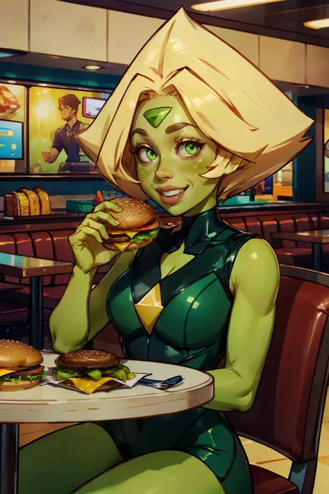 Peridot, green skin,green eyes, blonde hair, bodysuit,sleeveless, diamond (shape) on chest, looking at viewer, smiling, happy, blush, upper body shot,
sitting, on chair, behind a table, inside a fast food restaurant, (eating food), hamburger, playful ambiance, high quality, masterpiece, <lora:Peridot-10:.7>