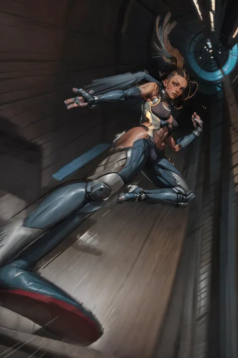 <lora:jumping_kick005:0.95>,looking at viewer, 1girl, jumping_kick, kicking, from below,
BREAK
dark-skinned female, dreadlocks, cyborg, bodysuit, solo, detailed face, looking at viewer, cowboy shot, full body,(masterpiece:1.2, best quality) master raven,<lora:master raven:0.83> ,