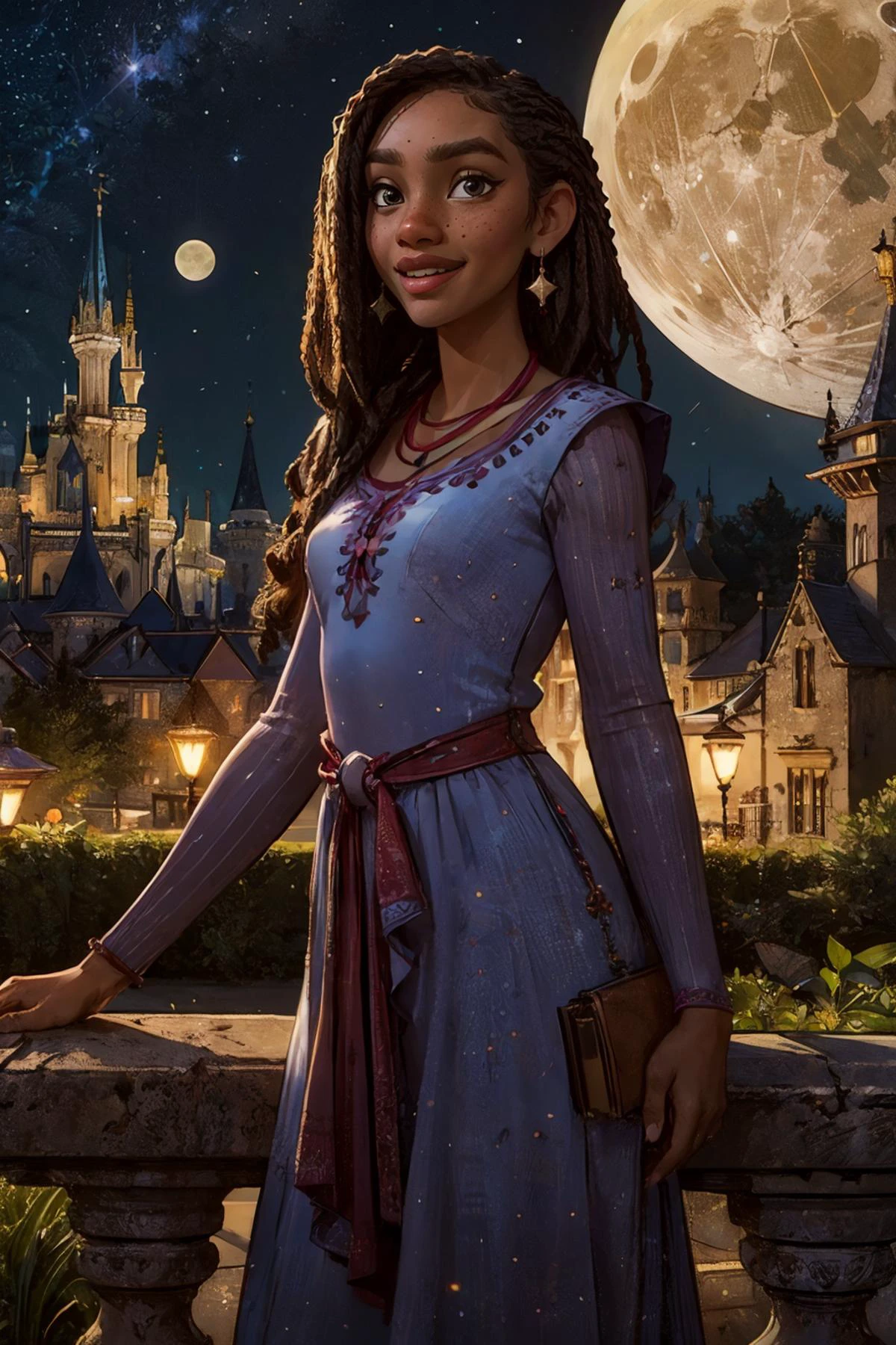 DisneyAsha, dark skin, dress, necklace, looking at viewer, smiling, standing, outside, village, castle, night time, stars, moon, high quality, masterpiece, <lora:AshaDisney-Stasis:.8>