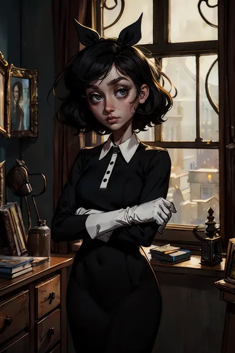 Susie, short black hair, black hair ribbon, black eyes,bags under eyes, pale skin, long black dress, white collar,black long sleeves, white gloves,looking at viewer, wavy mouth, standing, medium shot, arms crossed, inside a messy bedroom, window, dim lighting, high quality, masterpiece <lora:Susie:.8>