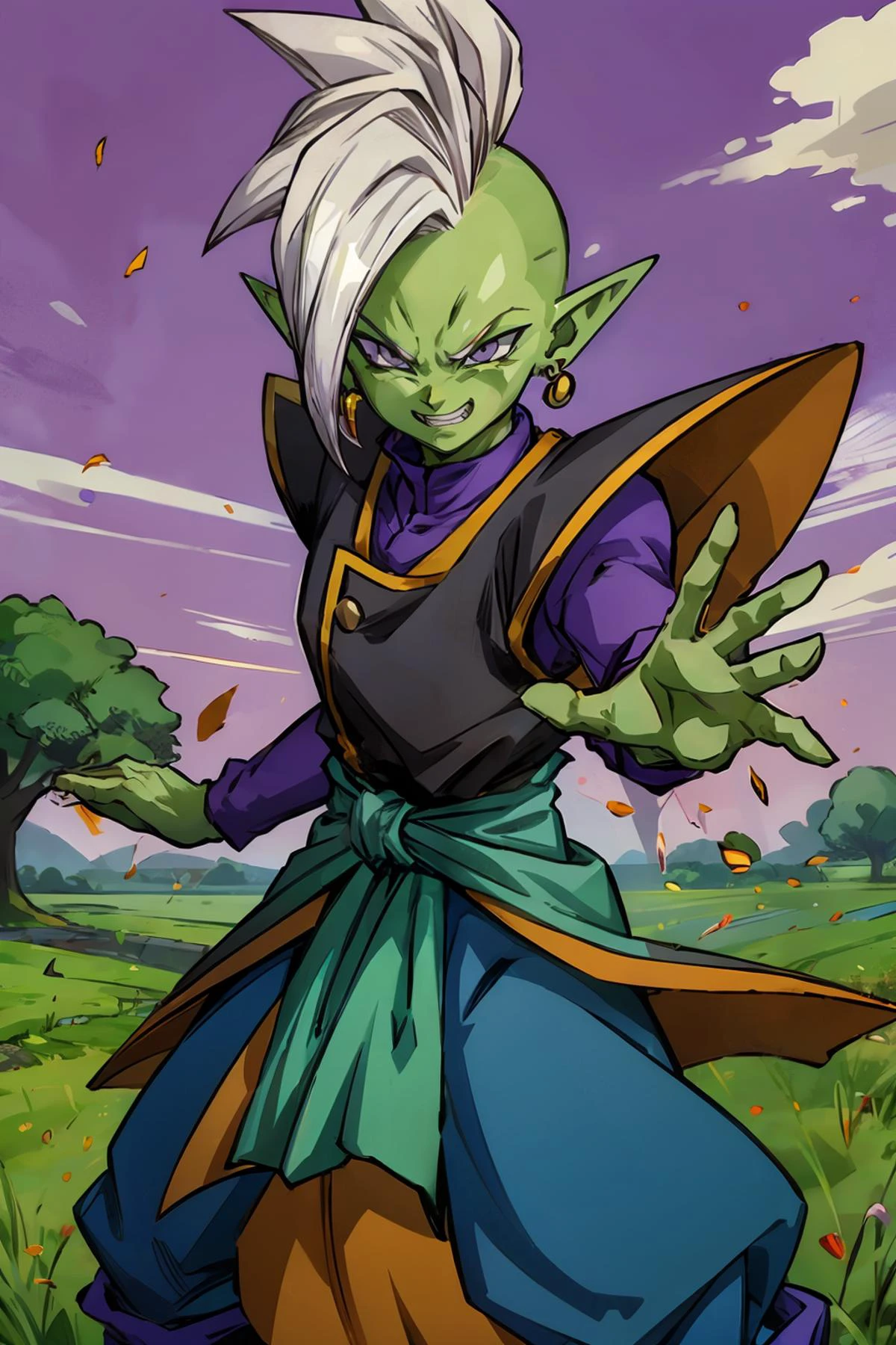 zamasu, colored skin, green skin, mohawk, white hair, grey eyes, pointy ears, single earring, green earring , looking serious, evil, grin, dynamic shot, fighting pose, outside, field, large tree, pink sky, high quality, masterpiece, <lora:Zamasu:.6>