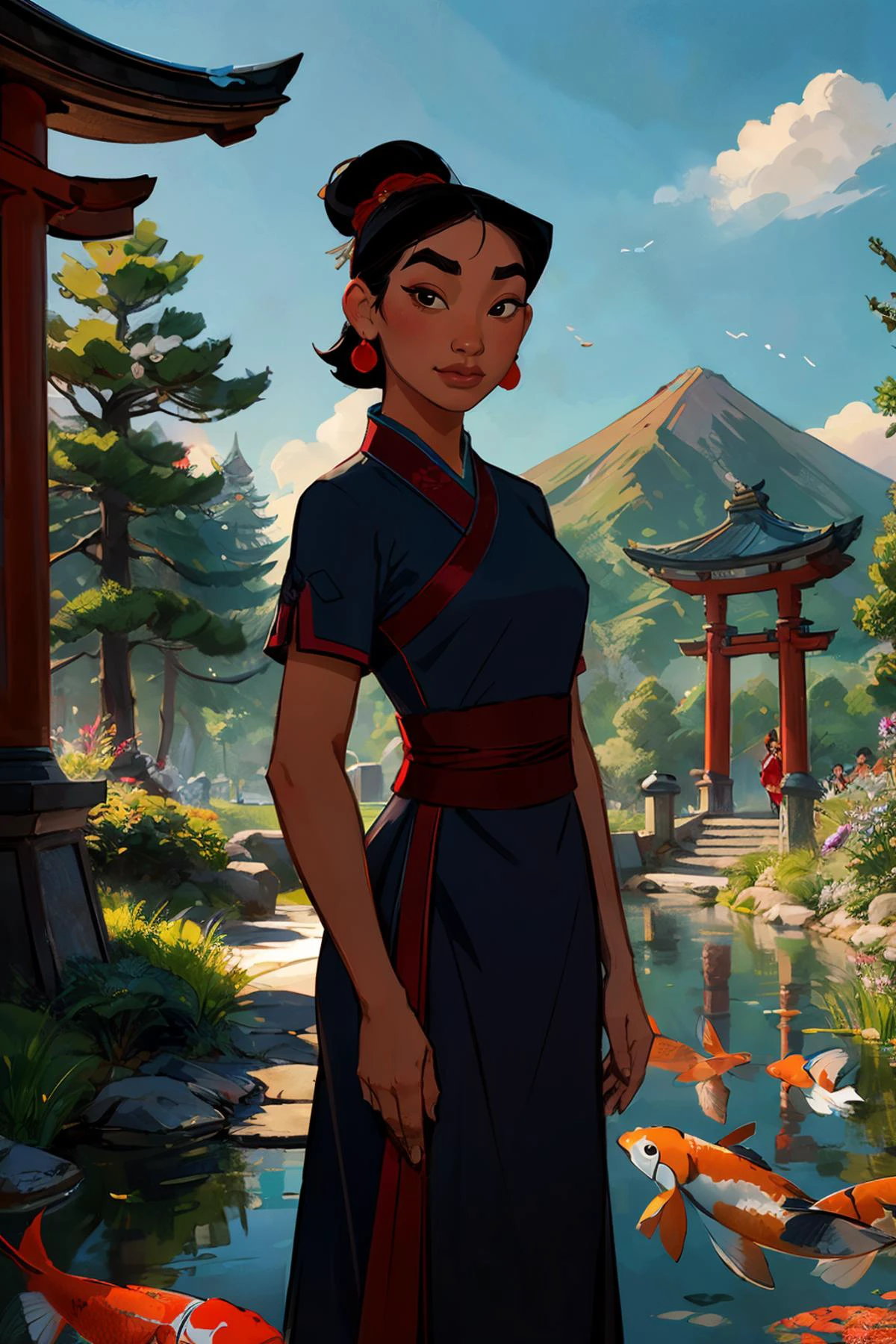 Mulan, black hair, hair bun, black eyes, black chinese dress, short sleeves, makeup,looking at viewer, serious, smirk, upper body shot, standing, outside, garden, red torii, koi pond, trees, mountain, blue sky, high quality, masterpiece, <lora:Mulan:.7>