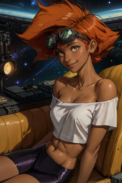Edward,midriff,orange hair,white shirt,off shoulder,collarbone,dark skin, smile,
bike shorts,goggles on,(goggles around eyes,),toned,lounging,
space station,couch,
upper body,sitting,
(insanely detailed, beautiful detailed face, masterpiece, best quality),<lora:EDWARDCBBB-10:0.8>,
