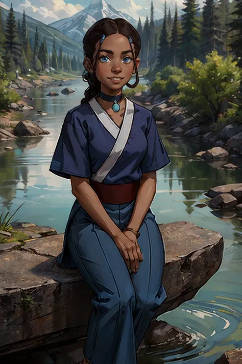 katara, choker, dark skin, blue eyes, brown hair, hair ornament, blue shirt, pants, white trim, looking at viewer, serious, smiling, sitting, on rock, outside, river, forest, trees, overcast, high quality, masterpiece, <lora:KataraV2:.7>