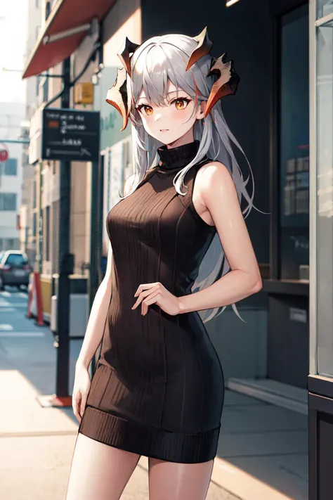 masterpiece, best quality, highres, aasaria, long hair, horns, <lora:saria_(arknights)_v1:0.8>, sweater dress, ribbed sweater, sleeveless, street, standing, cowboy shot,