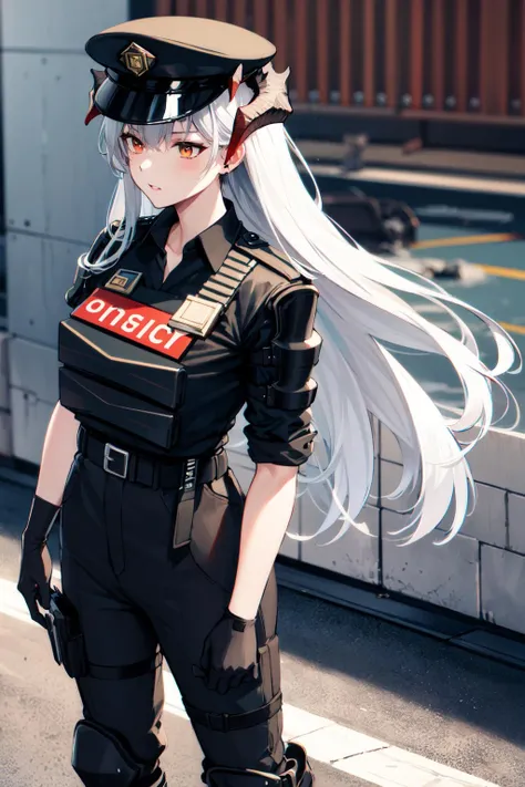 masterpiece, best quality, 1girl, solo, standing, cowboy shot, <lora:privaty-nikke-richy-v1:1> privaty \(nikke\), blush, skirt, long sleeves, hat, dress, holding, jewelry, standing, jacket, hair ribbon, cowboy shot, open clothes, belt, black thighhighs, indoors, necklace, black dress, open jacket, zettai ryouiki, beret, white headwear, white jacket, brown thighhighs, turtleneck